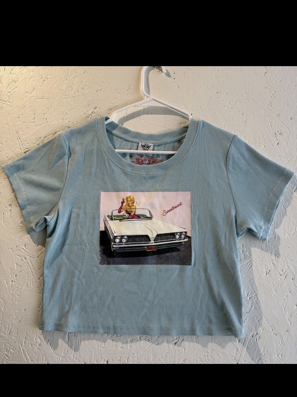 Boys Lie Light Blue Graphic Crop Tee with Vintage Car Print